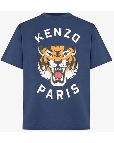 KENZO Lucky Tiger Brand-print Cotton-jersey T-shirt - Blue