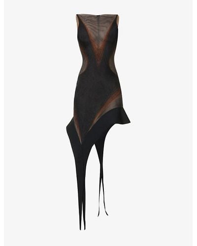 Mugler Contrast-panel Asymmetric-hem Stretch-woven Mini Dress - Black