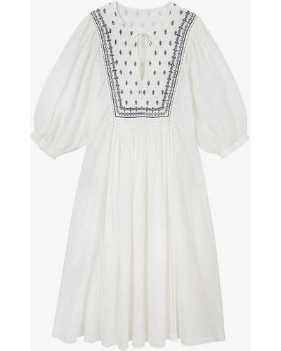 The White Company Tie-neck Embroidered Organic-cotton Midi Dress - White