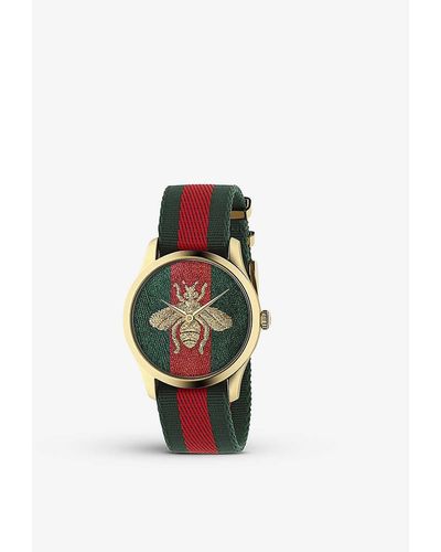 Gucci Ya126487b G-timeless 18ct Yellow Gold-plated Stainless-steel And Canvas Quartz Watch - Red