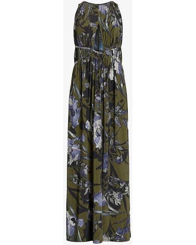 AllSaints Kaya Batu Floral-print Cut-out Stretch-woven Maxi Dress - Green