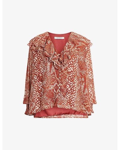 AllSaints Phoebe Waimea Graphic-print Frill-neck Recycled-polyester Blouse - Red