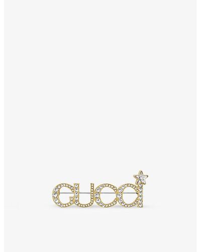 Gucci Logo Crystal-embellished Brass Brooch - White