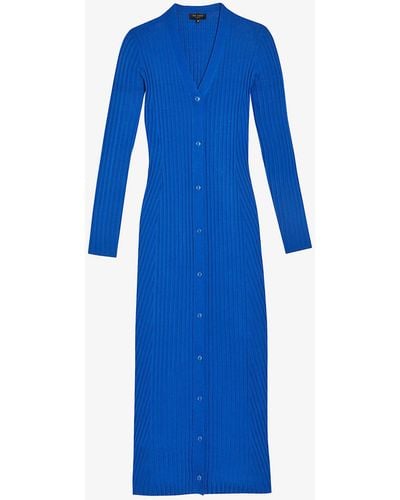 Ted Baker Nardaa Ribbed-detail Long-line Knitted Cardigan - Blue