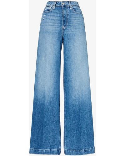 PAIGE Harper Distressed Wide-leg High-rise Stretch-organic Denim Jeans - Blue