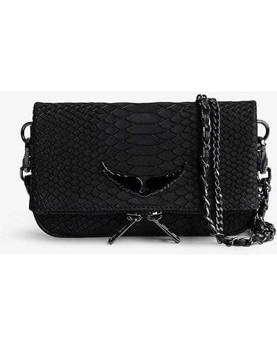 Zadig & Voltaire Rock Nano Wing-embellished Snakeskin-embossed Leather Clutch Bag - Black