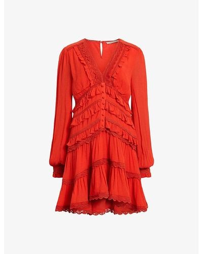 AllSaints Zora V-neck Smocked-back Woven Mini Dress - Red