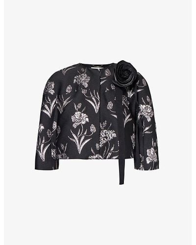 Erdem Floral-pattern Cropped Woven Jacket - Black