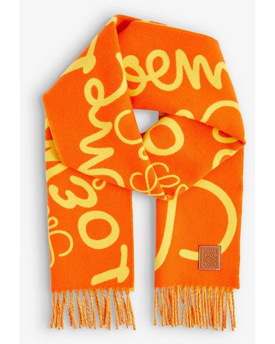 Loewe Anagram-print Fringed Wool And Cashmere-blend Scarf - Orange