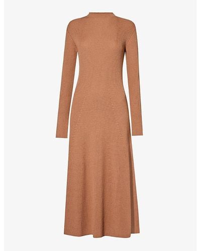 Moncler Brand-appliqué High-neck Wool-blend Knitted Maxi Dres - Brown
