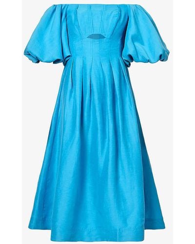 Aje. Eugenie Off-the-shoulder Linen-blend Midi Dress - Blue