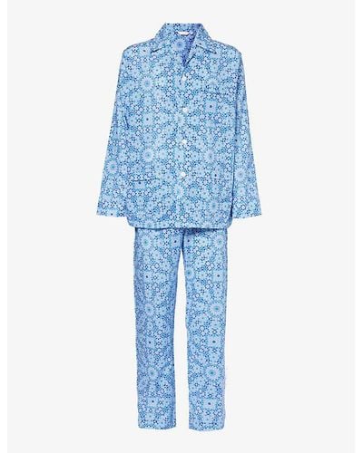 Derek Rose Ledbury Geometric-print Cotton Pajama Set - Blue