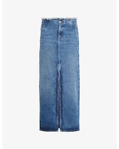 AllSaints Cyra Frayed-waist High-rise Denim Maxi Skirt - Blue