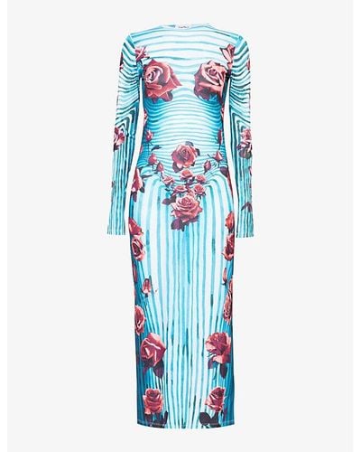 Jean Paul Gaultier Flower-print Slim-fit Stretch-woven Maxi Dress X - Blue
