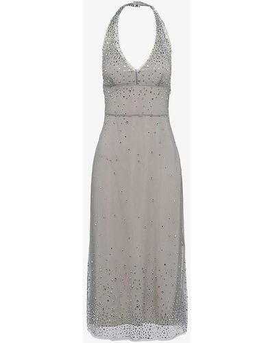 Prada Crystal-embellished Halterneck Tulle Midi Dress - Grey