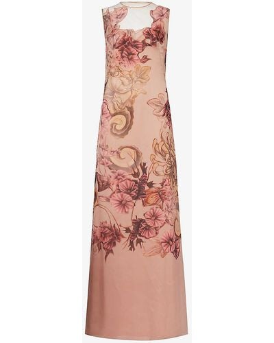 Alberta Ferretti Floral-pattern Slim-fit Silk-chiffon Maxi Dress - Pink