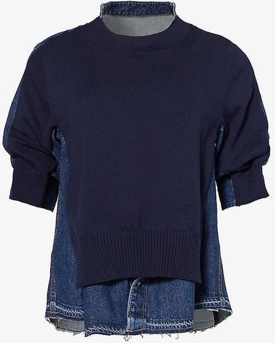 Sacai Raw-hem Denim And Knitted Relaxed-fit Top - Blue