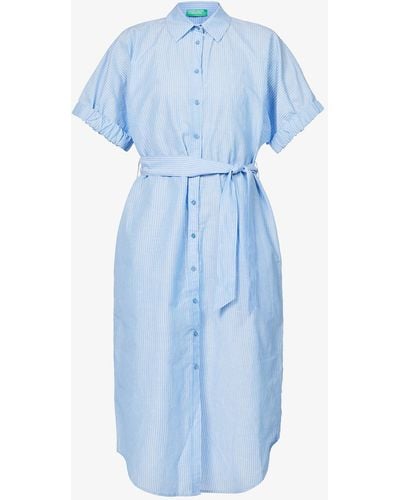 Benetton Striped Belted Cotton And Linen-blend Midi Dress - Blue