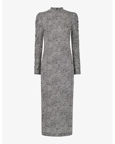 Whistles Pebble Spot-print Ruched-sleeve Jersey Midi Dress - Grey