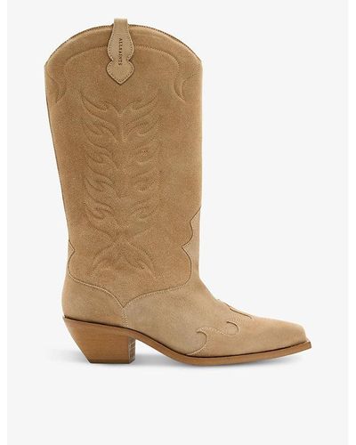AllSaints Dolly Western Embroidered Suede Knee-high Heeled Boots - Natural