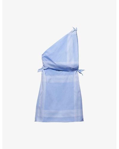 Prada One-shoulder Checked Cotton Mini Dress - Blue