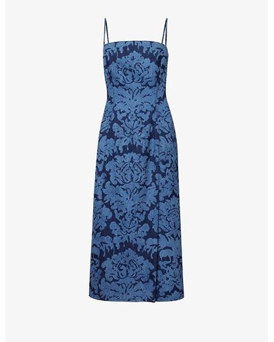 Alexander McQueen Damask-pattern Straight-neck Denim Midi Dress - Blue
