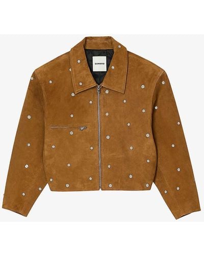 Sandro Stud-embellished Cropped Suede Jacket - Brown