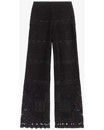 Maje Floral-crochet Wide-leg High-rise Stretch-knitted Trousers - Black