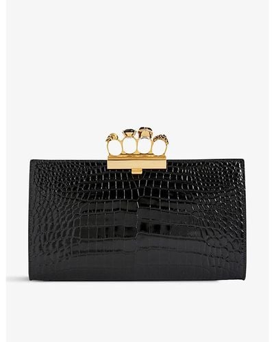 Alexander McQueen Four-ring Croc-embossed Leather Clutch - Black