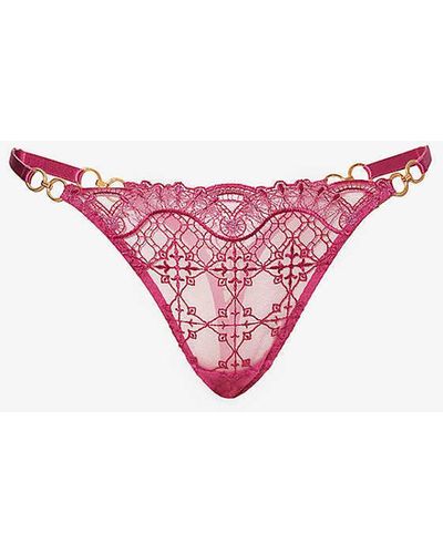 Bordelle Mari Geometric-embroidered Mid-rise Lace Thong - Pink