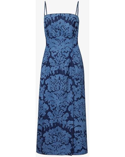 Alexander McQueen Damask-pattern Straight-neck Denim Midi Dress - Blue