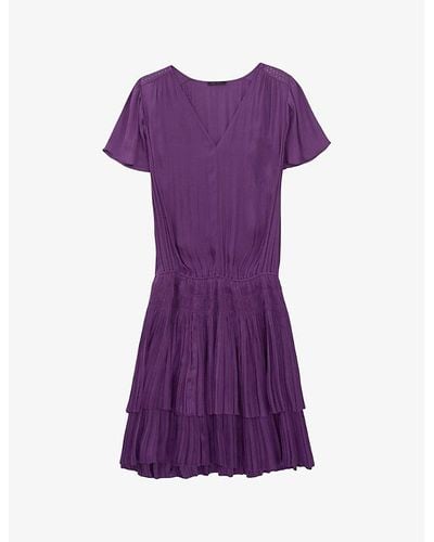 IKKS Pleated V-neck Woven Mini Dress - Purple