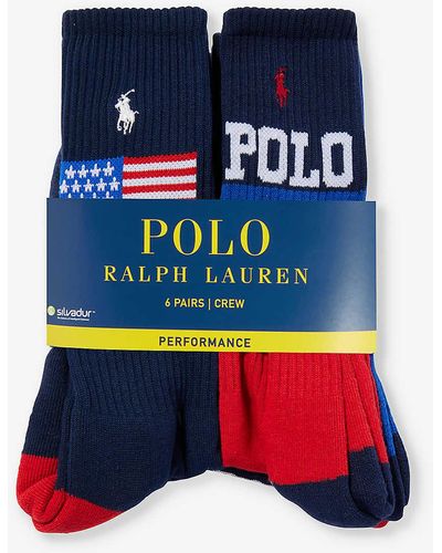 Polo Ralph Lauren Logo-brand Ankle-rise Pack Of Six Stretch-cotton-blend Socks - Blue