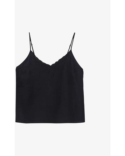 IKKS Scalloped Plant And Skull-embroidered Silk Cami Top - Black