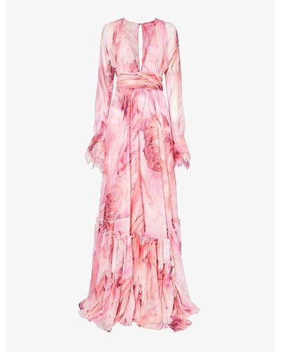 Roberto Cavalli Floral-print Long-sleeve Silk Maxi Dress - Pink