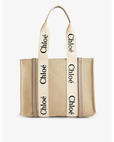 Chloé Woody Medium Linen Tote Bag` - Natural