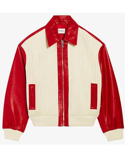 Claudie Pierlot Contrast-sleeve Ribbed Leather And Knitted Jacket - Red