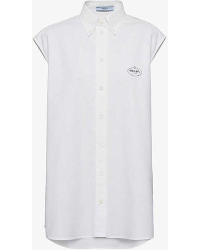 Prada Logo-embroidered Short-sleeve Cotton Oxford Shirt - White