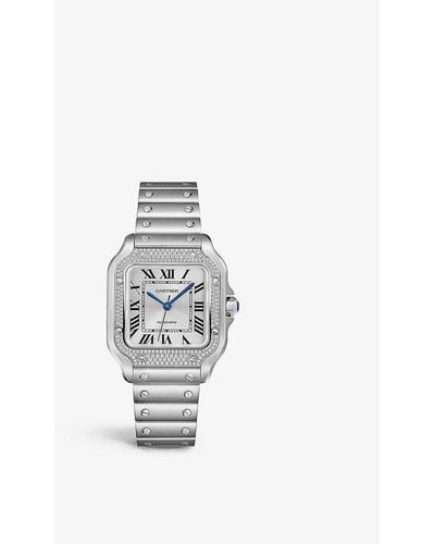 Cartier Crw4sa0005 Santos De Large Model Stainless-steel, 0.64ct Diamond And Interchangeable Leather Strap Automatic Watch - White