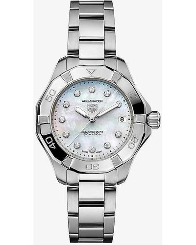 Tag Heuer Wbp1313.ba0005 Aquaracer Solargraph Stainless-steel, 0.15ct Diamond And Mother-of-pearl Quartz Watch - White
