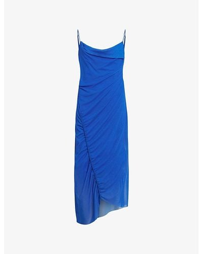 AllSaints Ulla Cowl-neck Draped Recycled Polyester-blend Midi Dress - Blue