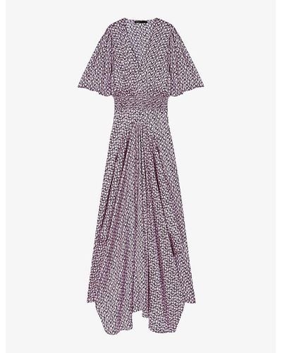 Maje Graphic-print Shirred-waist Woven Midi Dress - Purple