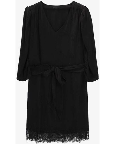 IKKS Lace-trim Puffed-sleeve Woven Mini Dress - Black