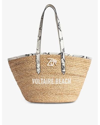 Zadig & Voltaire Slogan-embroidered Leather-handle Jute Tote - Natural