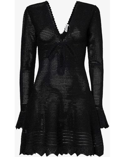 Self-Portrait Long-sleeved Cut-out Knitted Mini Dress - Black