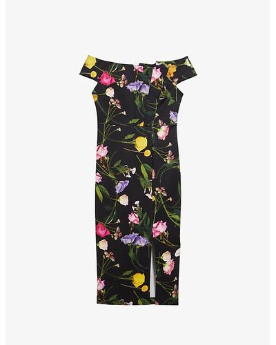 Ted Baker Loveina Bardot Floral-print Stretch-woven Midi Dress - Black