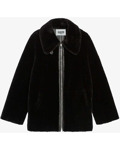 Claudie Pierlot High-neck Shearling Leather Coat - Black