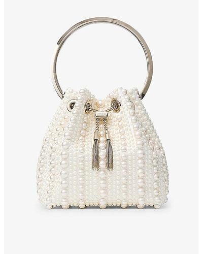 Jimmy Choo Bon Bon Pearl-embellished Satin Top-handle Bag - White