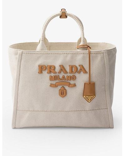 Prada Brand-typography Large Linen-blend Tote Bag - Natural