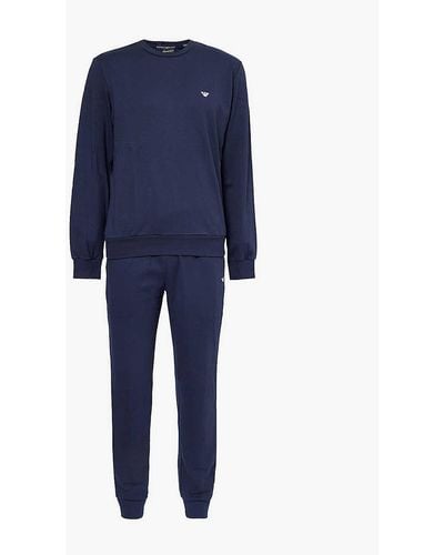 Emporio Armani Brand-print Cotton-jersey Pyjama Set - Blue